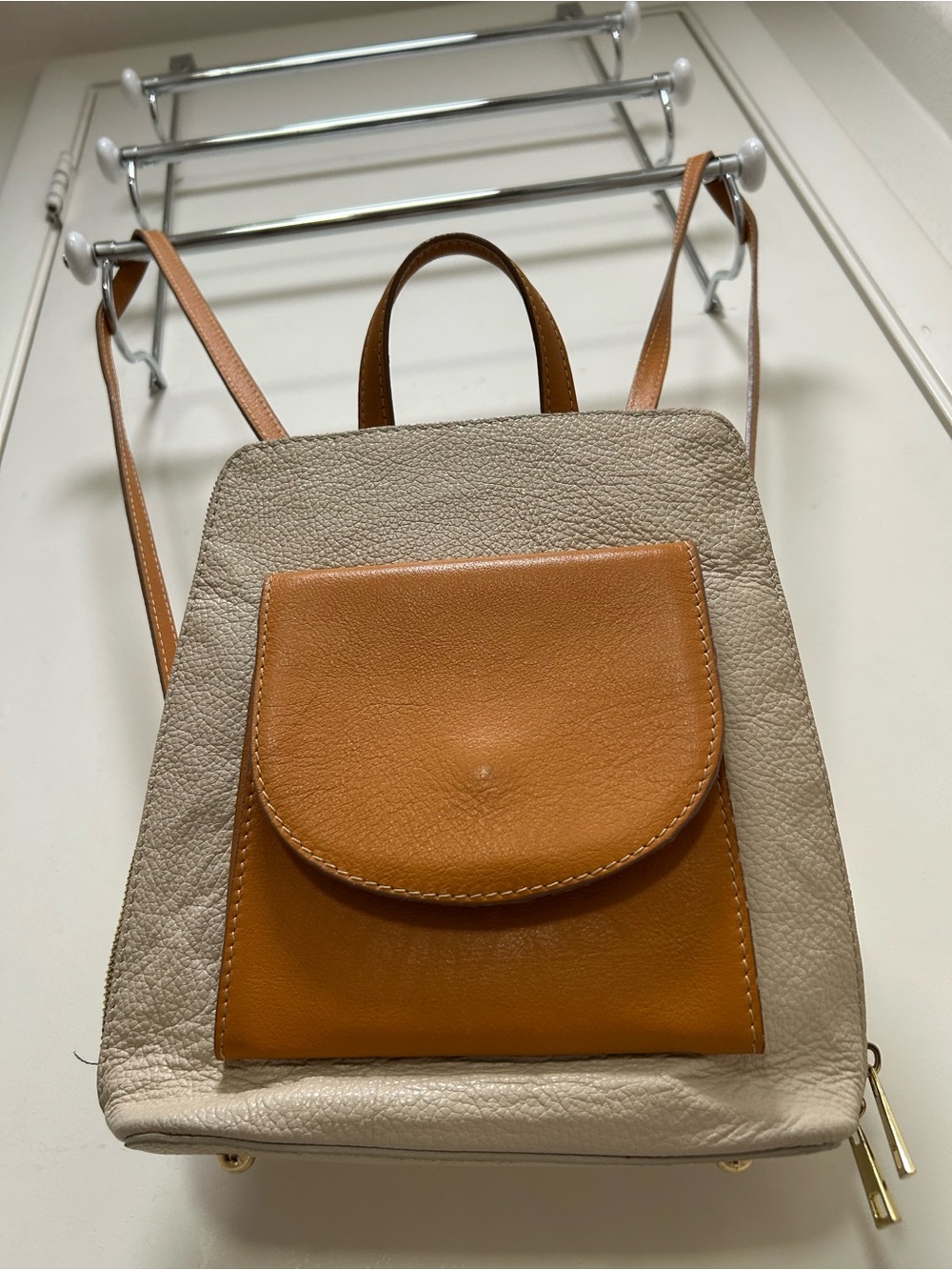 Two-Tone Cream and Tan Leather Backpack by